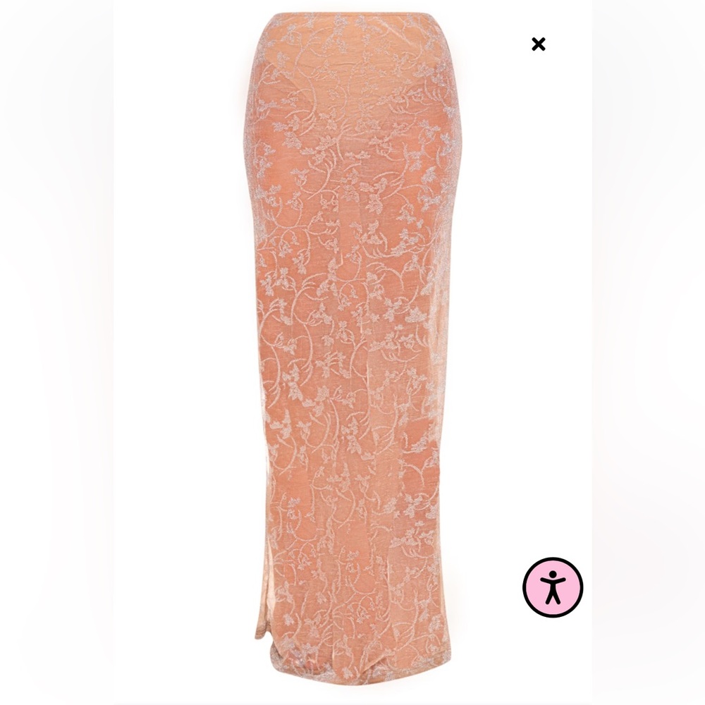 Pretty Little Thing Nude Metallic Textured Mesh Maxi Skirt US 2